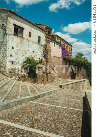 Buildings and flowering trees over a stairway in Caceres 61845351