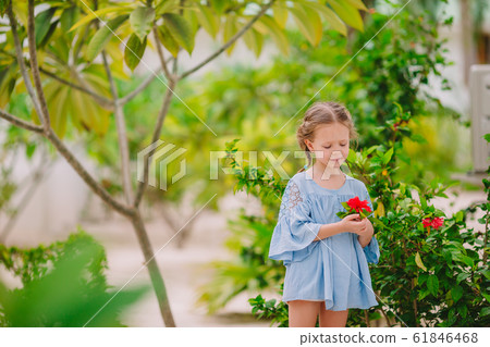 Little adorable girl smelling colorful flowers at summer day Little adorable girl smelling colorful flowers at summer day 61846468