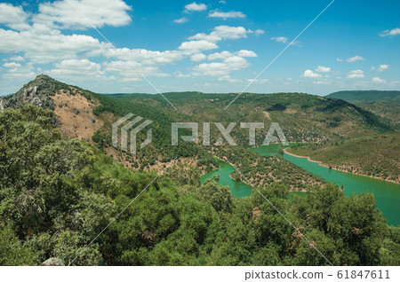 Tagus River running through a valley with hills at the Monfrague National Park Tagus River running through a valley with hills at the Monfrague National Park 61847611