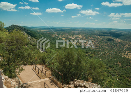 Pathway with steps and landscape covered by trees at the Monfrague National Park Pathway with steps and landscape covered by trees at the Monfrague National Park 61847629
