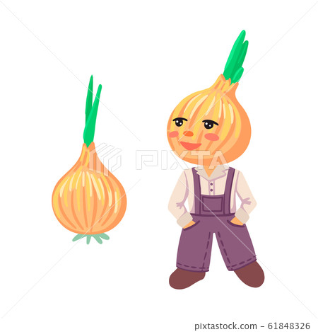 Chippolino. Onion head, a boy with a bow instead of a head. Bulb with green onions. Vector illustration 61848326