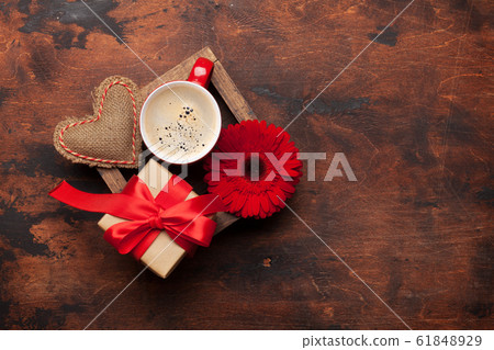 Valentines day card with gift and coffee cup 61848929