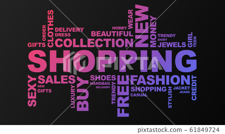 Shopping Wordcloud On Black Background With Violet Words, Panorama 61849724
