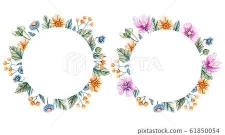 Round frames with watercolor wildflowers. Round frames with watercolor wildflowers. 61850054