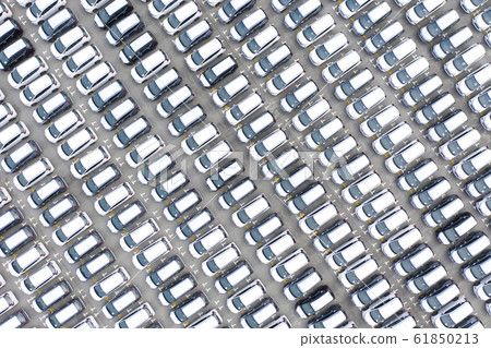 Top view of row new cars in logistic port export terminal Top view of row new cars in logistic port export terminal 61850213