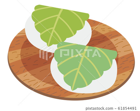 Illustration of two Kashiwa mochi on a plate 61854491