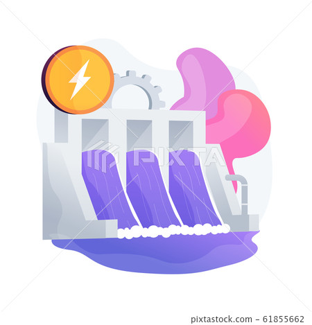 Hydroelectric power station, water mass energy using, dam and reservoir vector concept metaphor. 61855662