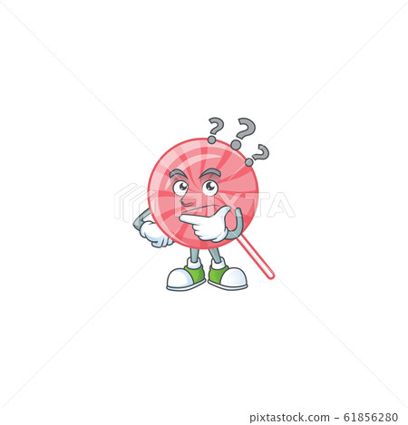 Pink round lollipop cartoon mascot style with confuse gesture Pink round lollipop cartoon mascot style with confuse gesture 61856280