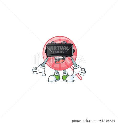 Trendy pink round lollipop character wearing Virtual reality headset Trendy pink round lollipop character wearing Virtual reality headset 61856285