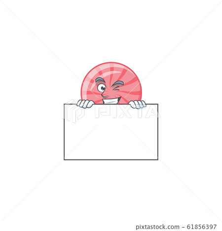 Grinning face pink round lollipop cartoon character style hides behind a board Grinning face pink round lollipop cartoon character style hides behind a board 61856397