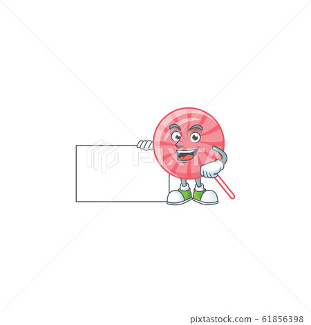 Cheerful pink round lollipop cartoon character having a board Cheerful pink round lollipop cartoon character having a board 61856398