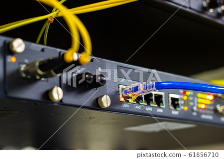Closeup blue cable network connection to a port of a switch in Server Room 61856710