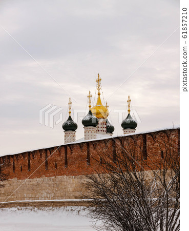 Zaraysk Kremlin wall and St. Nicholas Chapel view from Kremlin wall outside at winter day. Russia, Moscow region Zaraysk Kremlin wall and St. Nicholas Chapel view from Kremlin wall outside at winter day. Russia, Moscow region 61857210