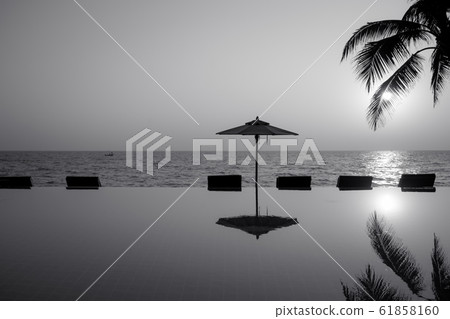 Abstract Black and White seascape view, Silhouette beach umbrella and coconut trees with sunrise in background. 61858160