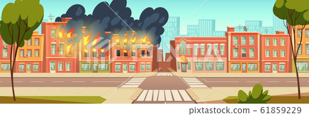 Fire in city house, burning building cartoon Fire in city house, burning building cartoon 61859229