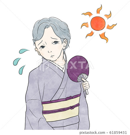 一位穿著和服的老婦人又熱又汗（面向左） 61859431