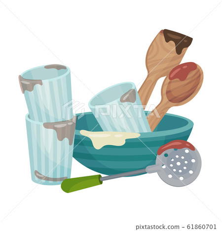 Pile of Dirty Kitchen Utensils and Crockery Left after Lunch Vector Illustration 61860701