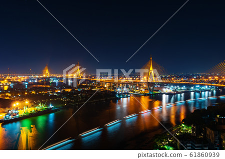Bhumibol suspension bridge over Chao Phraya River Bhumibol suspension bridge over Chao Phraya River 61860939