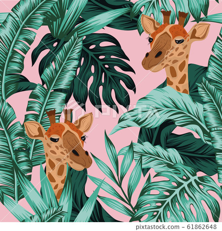 Tropical leaves giraffe seamless pattern pink Tropical leaves giraffe seamless pattern pink 61862648