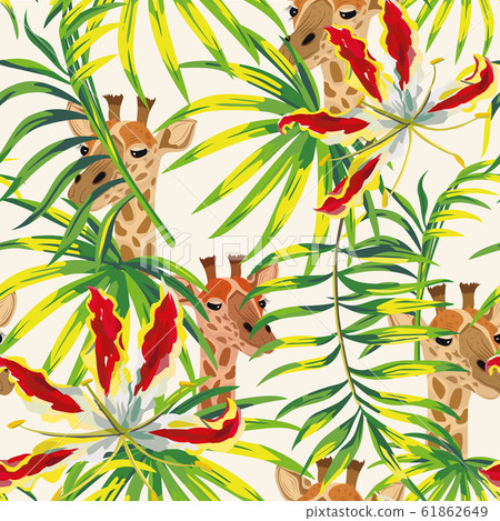 Tropical flowers leaves giraffe seamless pattern Tropical flowers leaves giraffe seamless pattern 61862649