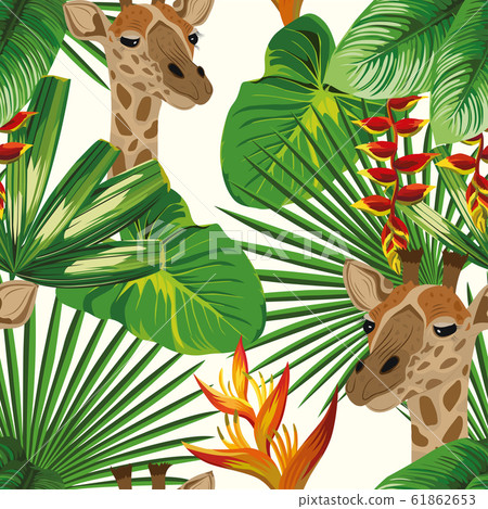 Giraffe flowers leaves seamless pattern white - Stock Illustration ...