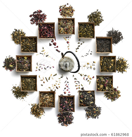 Large tea set in the shape of a clock face. Top view on white background Large tea set in the shape of a clock face. Top view on white background 61862968