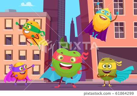 Superheroes in city. Urban landscape with fruits characters in action poses healthy food heroes vector background Superheroes in city. Urban landscape with fruits characters in action poses healthy food heroes vector background 61864299