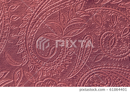 Texture of genuine leather close-up, red color with embossed floral trend pattern, for wallpaper, banner design. Fashionable modern background Texture of genuine leather close-up, red color with embossed floral trend pattern, for wallpaper, banner design. Fashionable modern background 61864401
