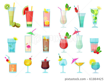 Cocktails. Glasses with alcoholic drinks transparent cocktail mix with fruits margarita vodka martini sambuca vector pictures 61864425