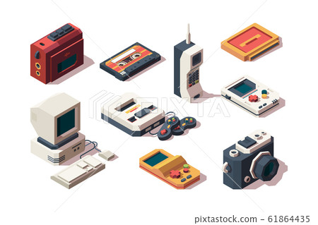 Retro devices. Cell phone old smartphone cameras photo vhs music and game console player computer vector isometric collection Retro devices. Cell phone old smartphone cameras photo vhs music and game console player computer vector isometric collection 61864435