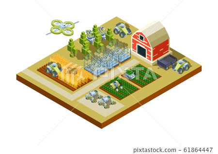 Smart farm buildings. Big household agriculture machinery feed tractors harvesters working field automatical control vector isometric Smart farm buildings. Big household agriculture machinery feed tractors harvesters working field automatical control vector isometric 61864447