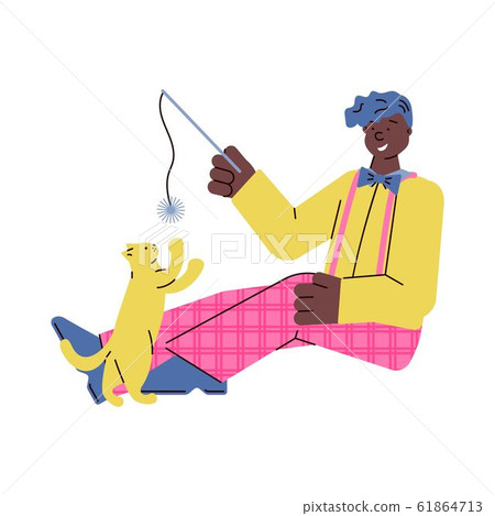 Man on floor playing with cat sketch cartoon vector illustration isolated. 61864713