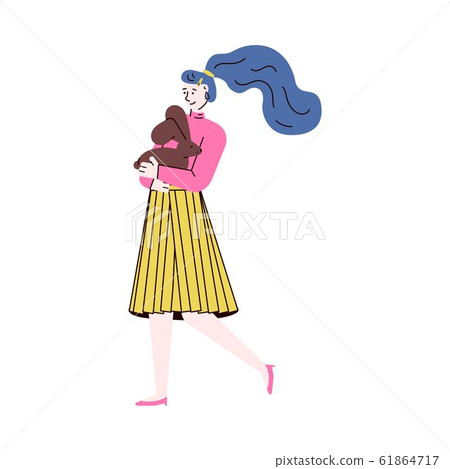 Cute woman cartoon character with her pet - rabbit, sketch vector illustration. Cute woman cartoon character with her pet - rabbit, sketch vector illustration. 61864717