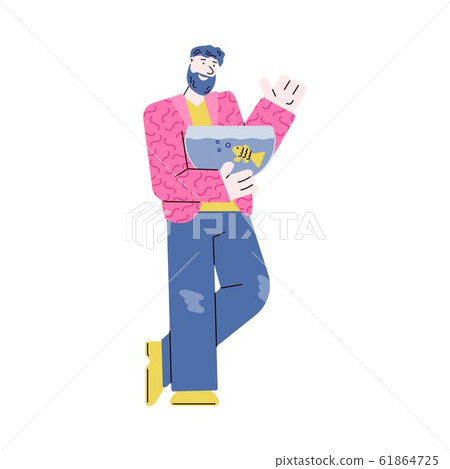 Cartoon man holding fish in tank - happy pet owner standing and smiling Cartoon man holding fish in tank - happy pet owner standing and smiling 61864725