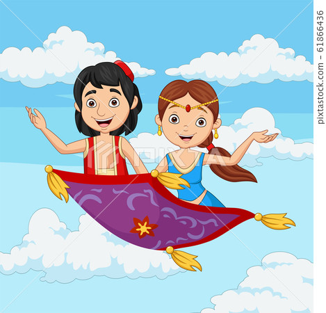 Cartoon aladdin and jasmine travelling on flying carpet 61866436