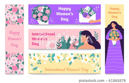 March 8 banners. International Womens Day, Happy woman with flowers banner vector set 61868876