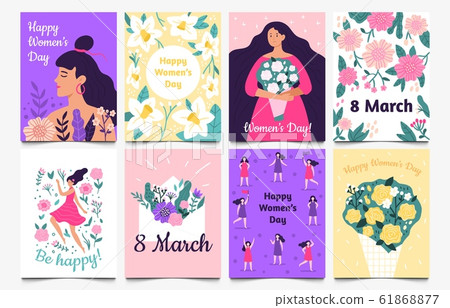 March 8 cards. Lady with flowers, International Womens Day and Be happy greetings card vector set March 8 cards. Lady with flowers, International Womens Day and Be happy greetings card vector set 61868877