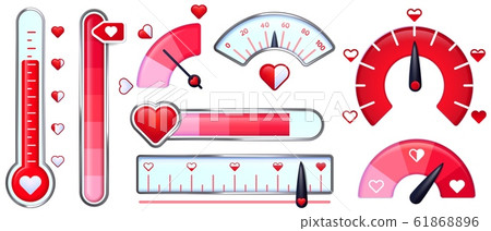 Love meter. Valentines Day card, love indicator with red hearts and love thermometer. Red heart meters vector set Love meter. Valentines Day card, love indicator with red hearts and love thermometer. Red heart meters vector set 61868896