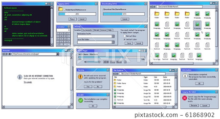 Retro user interface. Retro UI copying, downloading box and warning message window. Old internet browser, terminal and music player vector set 61868902
