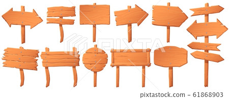Wooden signboard. Wood board on stick, empty signboard or signpost and road direction pointer arrow cartoon vector set Wooden signboard. Wood board on stick, empty signboard or signpost and road direction pointer arrow cartoon vector set 61868903
