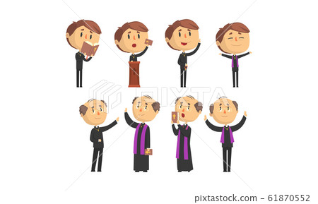 Man Priests Characters Collection, Young and Mature Catholic Preachers Blessing, Praying, Giving Speech Vector Illustration 61870552
