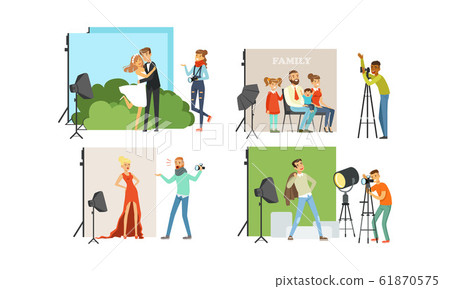 Photo Studio Collection, Male Photographers Taking Pictures of Different People with Professional Equipment Vector Illustration Photo Studio Collection, Male Photographers Taking Pictures of Different People with Professional Equipment Vector Illustration 61870575