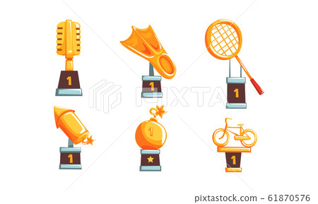 Golden Trophy Collection, Sports, Music or Business Awards, Winner Prizes Vector Illustration Golden Trophy Collection, Sports, Music or Business Awards, Winner Prizes Vector Illustration 61870576
