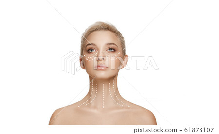 Beautiful female face with lighting up arrows isolated on white background Beautiful female face with lighting up arrows isolated on white background 61873107