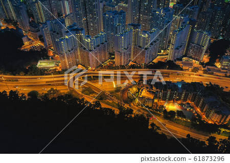 Aerial view of Hong Kong City at twilight time. 61873296