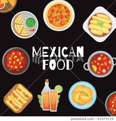 Mexican food meal with soups, burrito promo poster on back background vector illustration. Mexican food meal with soups, burrito promo poster on back background vector illustration. 61873519
