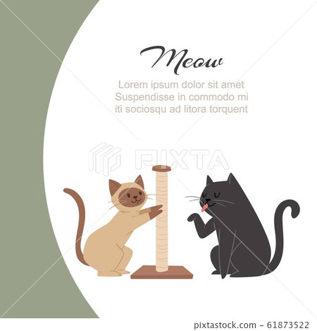 Funny cartoon cats scratching claw sharpener and licking paw with meow typography vector illustration. 61873522