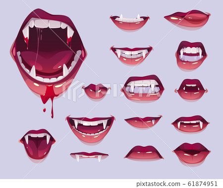 Vampire mouth with fangs set, female red lips 61874951