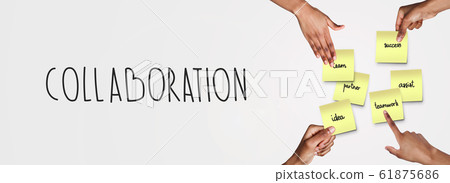 Collaboration lettering and hands with stickers, white background Collaboration lettering and hands with stickers, white background 61875686