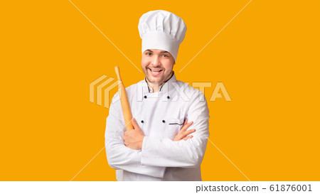 Chef Man Holding Rolling Pin Standing On Yellow Background, Panorama 61876001